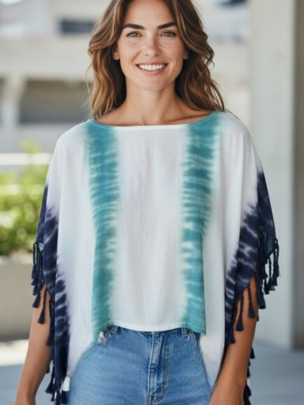 NWT Free People Tie Dye Fringe Batwing Short Sleeve Tee Blouse Top Blue Shirt